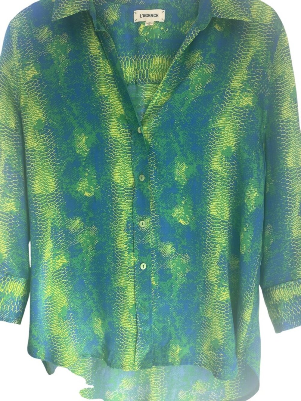 L'AGENCE Size Small (S) Green Yellow Snake Print Long Sleeve Button-Up Shirt